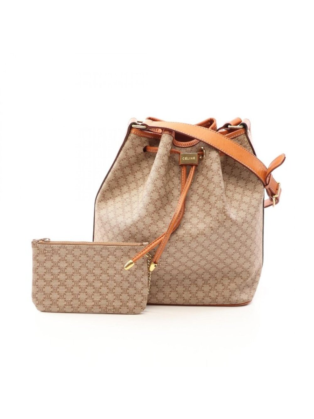 Celine Shoulder Bag Macadam Drawstring Beige Canvas Leather